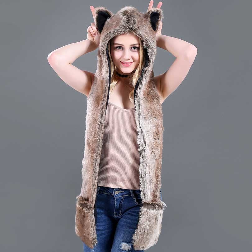 Faux Fur Straw Cartoon Animal Hat Scarf Gloves One - Bellarte Enchanté Faux Fur Straw Cartoon Animal Hat Scarf Gloves One